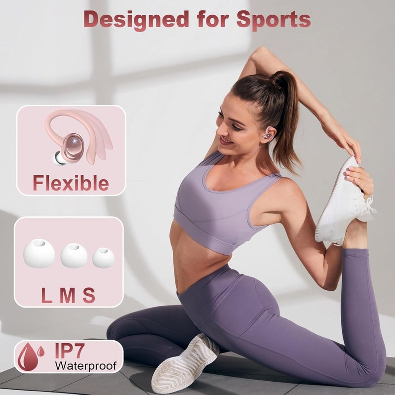 Hupoaf Wireless Earbuds Sport, New Bluetooth 5.4 Headphones with Earhooks, 50H Stereo Deep Bass Over Ear Buds with 4 ENC Noise Canceling Mics, IP7 Waterproof Earphones for Running Workout Gym -Rose - Image 5